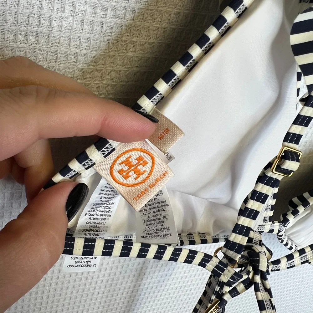Tory Burch Navy Blue White Striped Ruffle Triangle Bikini Top Medium